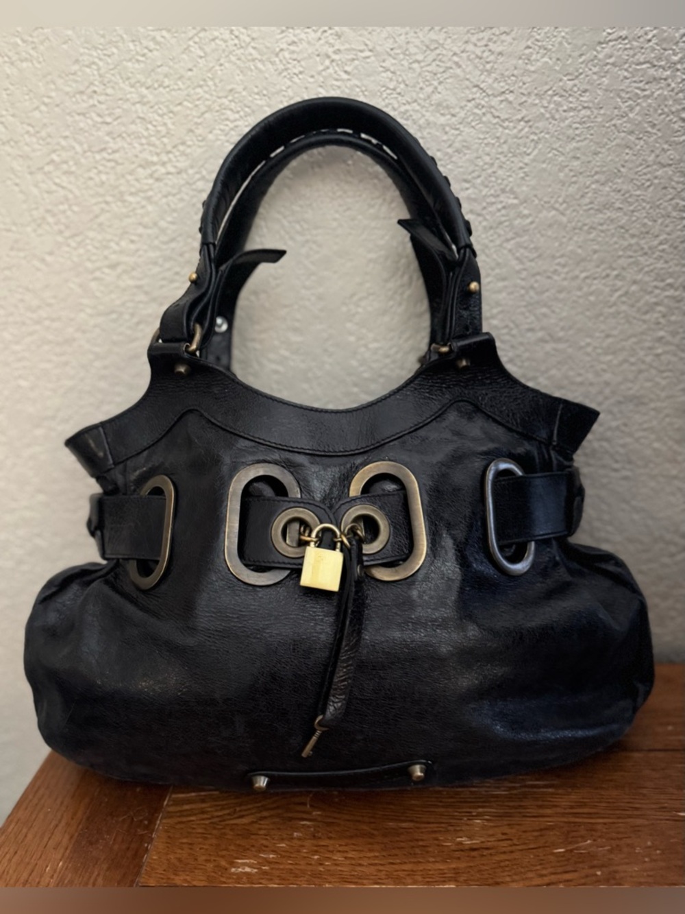 Barbara Bui Pebbled Black Leather Belt Lock Luxury Shoulder Bag Purse France